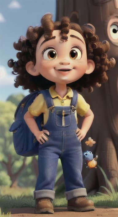  {Riley looking up at the tree with a big smile, animals surrounding them., Riley, a curious with big brown eyes and curly hair, wearing overalls and carrying a small backpack. Their friend, Skye, a bluebird with shiny feathers.