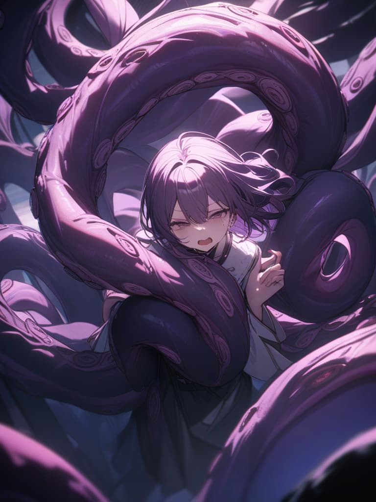  Tentacles, short hair, crying face, girl, purple hair, tentacle winding, open mouth, purple, whole body, masterpiece, best quality,8k,ultra detailed,high resolution,an extremely delicate and beautiful,hyper detail