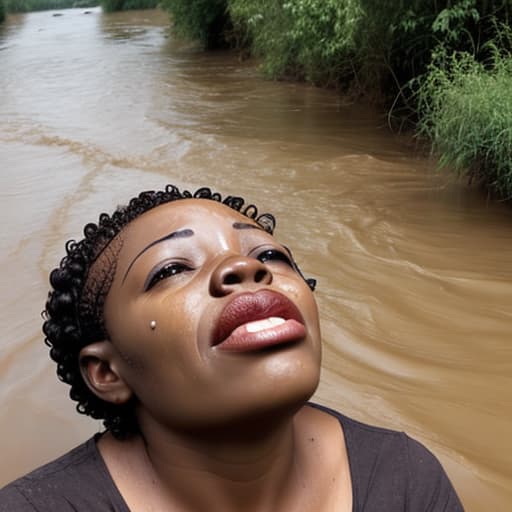  african woman's face with short and curly hair drowning in the river