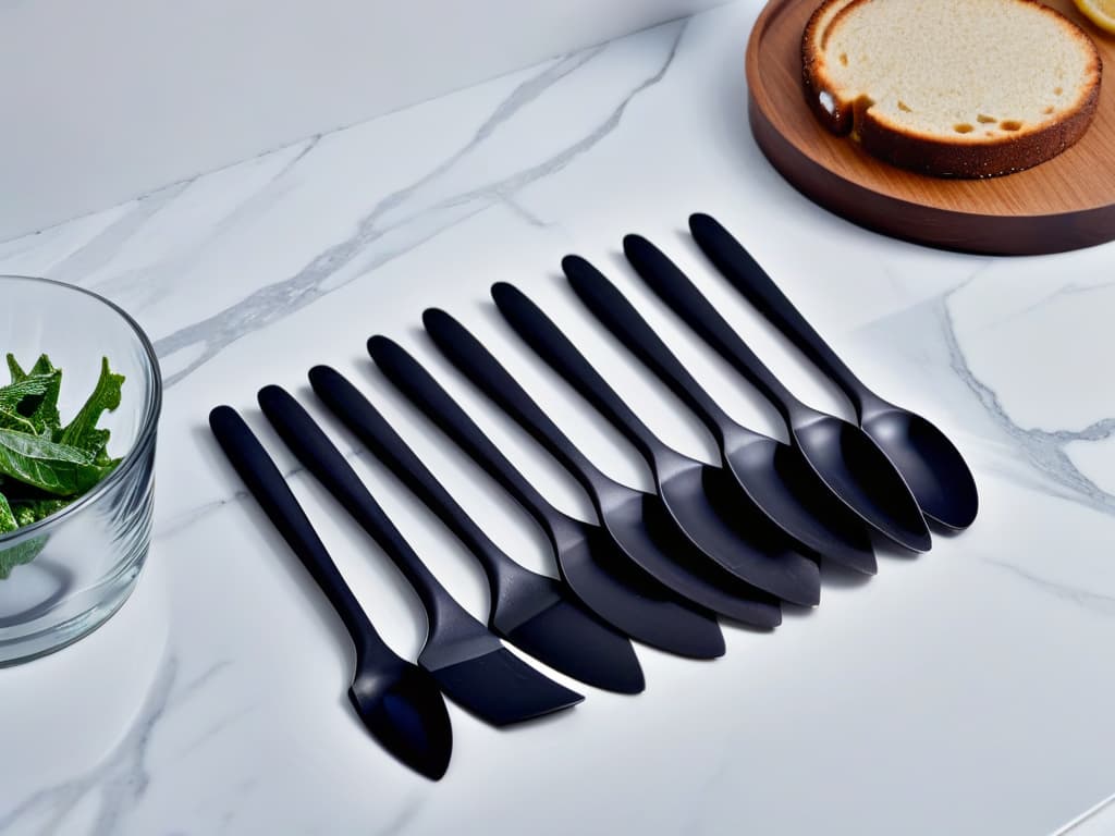  A closeup, ultradetailed image of a set of sleek, matte black silicone spatulas arranged neatly on a marble countertop, capturing the intricate texture and fine details of the utensils. The spatulas vary in sizes, showing off their flexibility and modern design, with soft shadows creating a sense of depth and sophistication. The minimalistic composition highlights the essential nature of these kitchen tools, evoking a sense of precision and highquality craftsmanship ideal for a professional and inspiring kitchen setting. hyperrealistic, full body, detailed clothing, highly detailed, cinematic lighting, stunningly beautiful, intricate, sharp focus, f/1. 8, 85mm, (centered image composition), (professionally color graded), ((bright soft diffused light)), volumetric fog, trending on instagram, trending on tumblr, HDR 4K, 8K