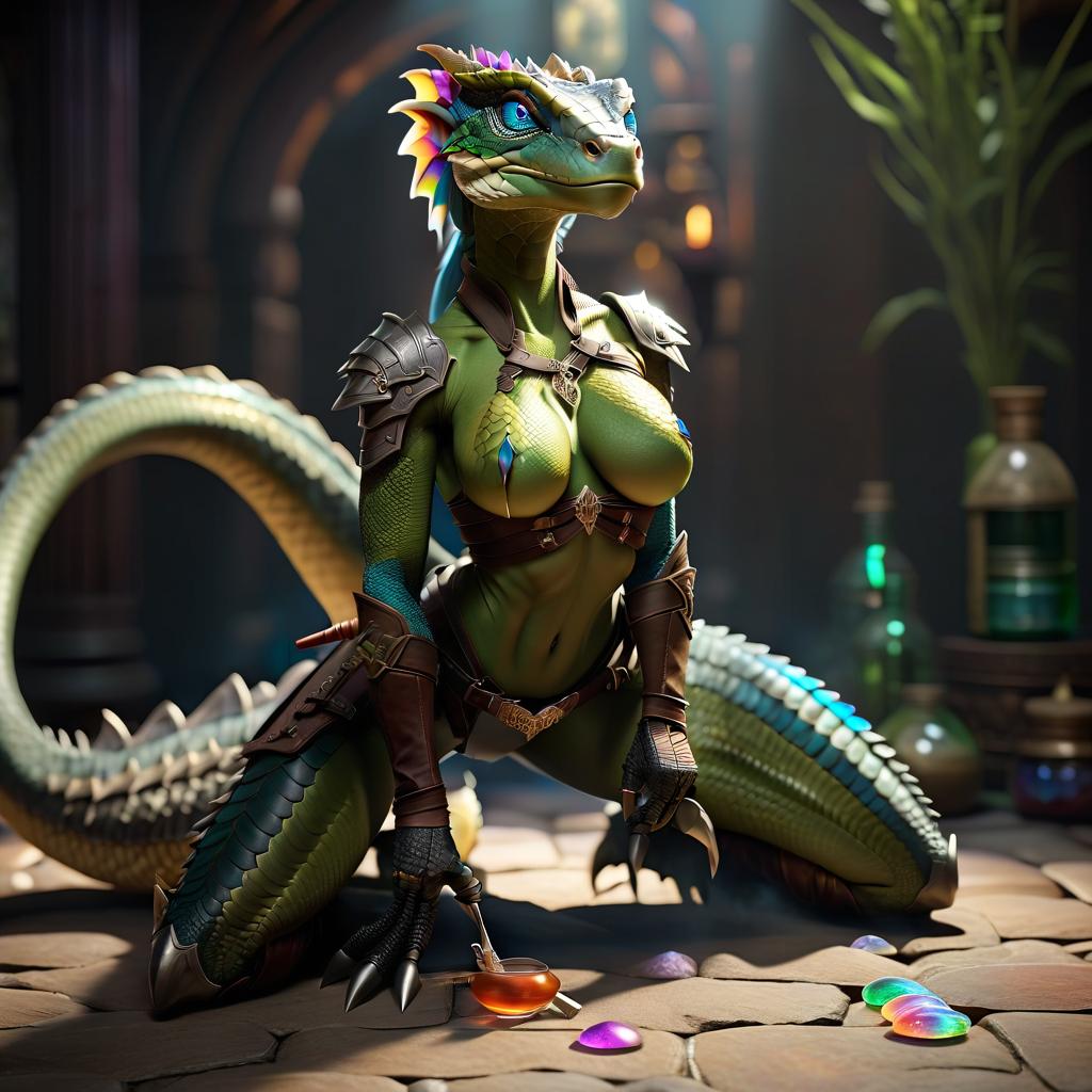  a woman, an Argonian, an alchemist with blue eyes, ash colored scales, a two handed sword on her back, surrounded by a bunch of colorful bottles with ingredients and potions, a rapier and a backpack in the corner of the room hyperrealistic, full body, detailed clothing, highly detailed, cinematic lighting, stunningly beautiful, intricate, sharp focus, f/1. 8, 85mm, (centered image composition), (professionally color graded), ((bright soft diffused light)), volumetric fog, trending on instagram, trending on tumblr, HDR 4K, 8K