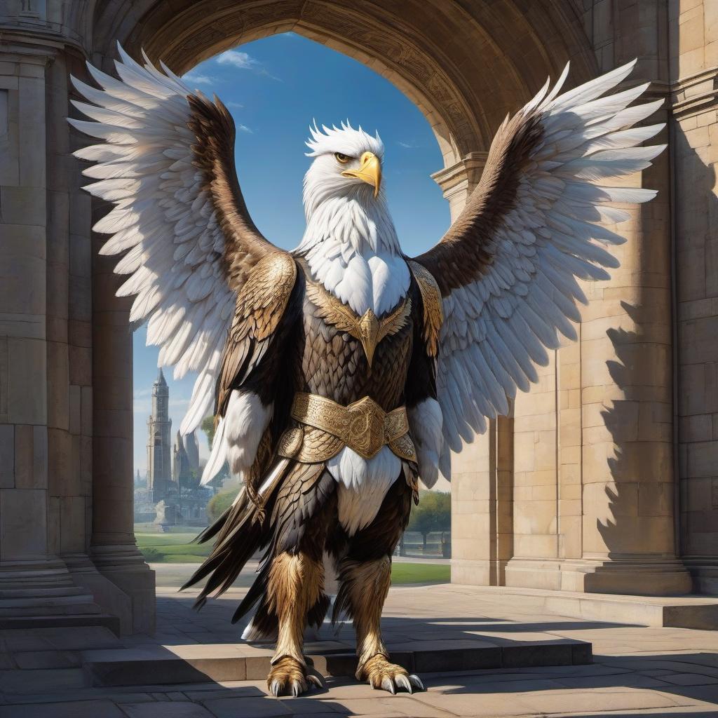  Oil painting. Distant plan. A mythical griffin. Full length. Head of an eagle, (Thin lion's tail). Magnificent white wings. In front of the entrance to the Tower. hyperrealistic, full body, detailed clothing, highly detailed, cinematic lighting, stunningly beautiful, intricate, sharp focus, f/1. 8, 85mm, (centered image composition), (professionally color graded), ((bright soft diffused light)), volumetric fog, trending on instagram, trending on tumblr, HDR 4K, 8K