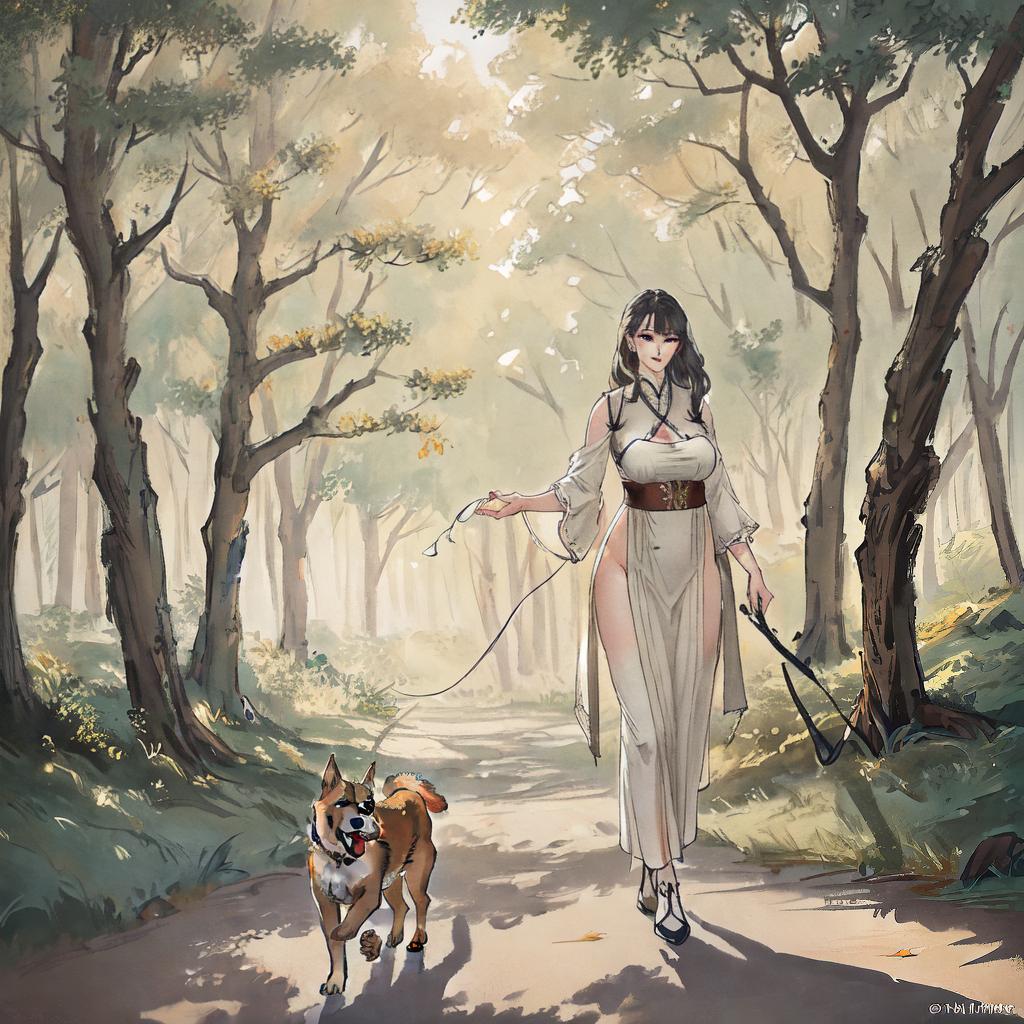  ((masterpiece)),(((best quality))), 8k, high detailed, ultra-detailed, A nude female walking a dog, female, dog, park, trees, ((natural lighting)) hyperrealistic, full body, detailed clothing, highly detailed, cinematic lighting, stunningly beautiful, intricate, sharp focus, f/1. 8, 85mm, (centered image composition), (professionally color graded), ((bright soft diffused light)), volumetric fog, trending on instagram, trending on tumblr, HDR 4K, 8K
