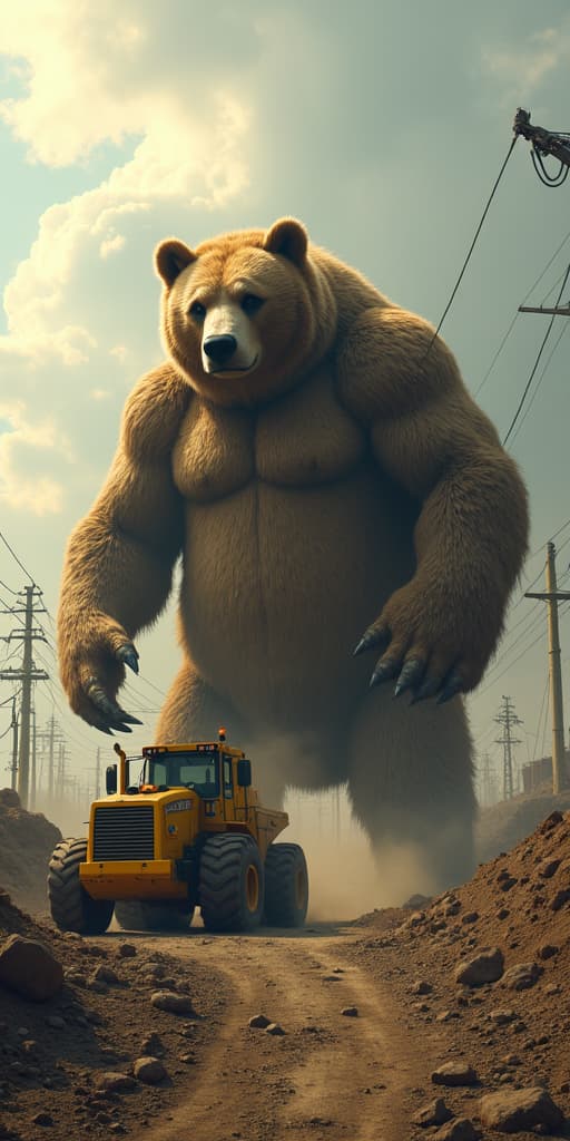  good quality, high quality, a huge creature which is a hybrid between a yellow bulldozer and a bear, construction site, transformers, oil, dust, dirt, cables, technical, sun shines through clouds, highly detailed, photorealistic, realism,