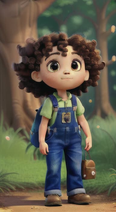  {The tree with a twinkling eye, while its leaves gently rustle., Riley, a curious with big brown eyes and curly hair, wearing overalls and carrying a small backpack. Their friend, Skye, a bluebird with shiny feathers.