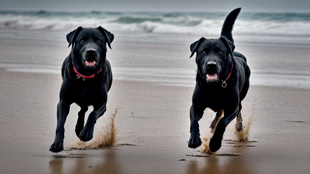  realistic image of a black lab dog running on the beach happy playful hyperrealistic, full body, detailed clothing, highly detailed, cinematic lighting, stunningly beautiful, intricate, sharp focus, f/1. 8, 85mm, (centered image composition), (professionally color graded), ((bright soft diffused light)), volumetric fog, trending on instagram, trending on tumblr, HDR 4K, 8K