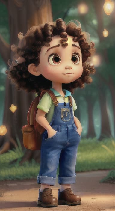  {The tree shining brightly and releasing a gentle, magical light., Riley, a curious with big brown eyes and curly hair, wearing overalls and carrying a small backpack. Their friend, Skye, a bluebird with shiny feathers.