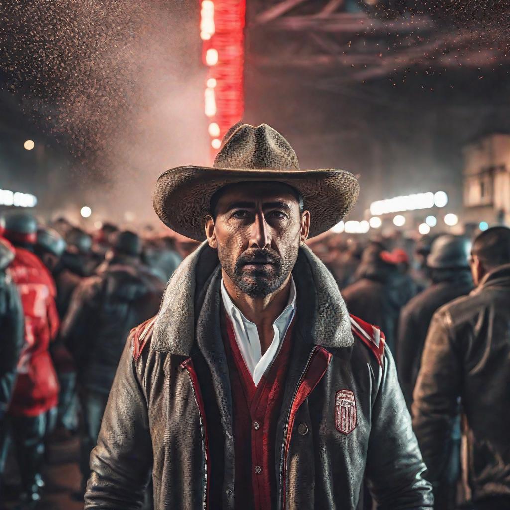  Veider con la casaca de River Plate hyperrealistic, full body, detailed clothing, highly detailed, cinematic lighting, stunningly beautiful, intricate, sharp focus, f/1. 8, 85mm, (centered image composition), (professionally color graded), ((bright soft diffused light)), volumetric fog, trending on instagram, trending on tumblr, HDR 4K, 8K