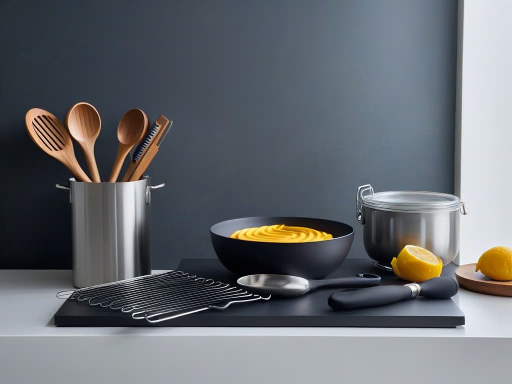  An image of a sleek, matte black kitchen countertop adorned with an array of essential baking utensils meticulously organized in a symmetrical layout. The utensils include a stainless steel whisk, a set of measuring spoons, a silicone spatula, a flour sifter, a rolling pin, and a pastry brush, all placed with precision and purpose. The minimalist aesthetic is highlighted by the monochromatic color scheme and the clean lines of the utensils, creating a visually appealing and aspirational image for the readers. hyperrealistic, full body, detailed clothing, highly detailed, cinematic lighting, stunningly beautiful, intricate, sharp focus, f/1. 8, 85mm, (centered image composition), (professionally color graded), ((bright soft diffused light)), volumetric fog, trending on instagram, trending on tumblr, HDR 4K, 8K