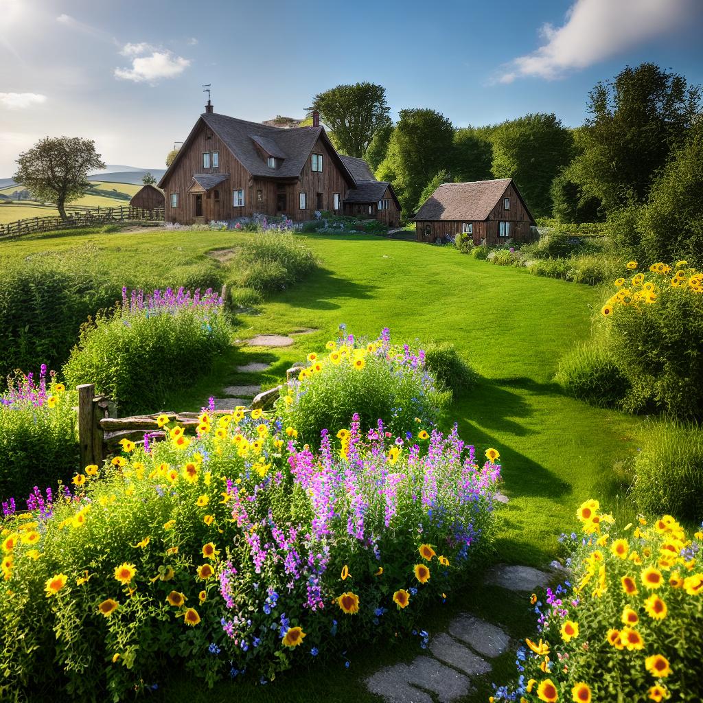  A rustic farmhouse, ((masterpiece)), (((best quality))), 8k, high detailed, ultra-detailed. The main subject of the scene is a quaint farmhouse nestled amidst rolling hills. The farmhouse is made of weathered wooden planks and features a thatched roof. Surrounding the farmhouse are vibrant green fields dotted with colorful wildflowers. In the foreground, there is a winding dirt path leading up to the farmhouse. A small wooden fence encloses a charming garden filled with blooming roses and sunflowers. The sky above is a clear blue with fluffy white clouds. The sunlight bathes the scene, casting warm golden hues on the tranquil countryside. hyperrealistic, full body, detailed clothing, highly detailed, cinematic lighting, stunningly beautiful, intricate, sharp focus, f/1. 8, 85mm, (centered image composition), (professionally color graded), ((bright soft diffused light)), volumetric fog, trending on instagram, trending on tumblr, HDR 4K, 8K