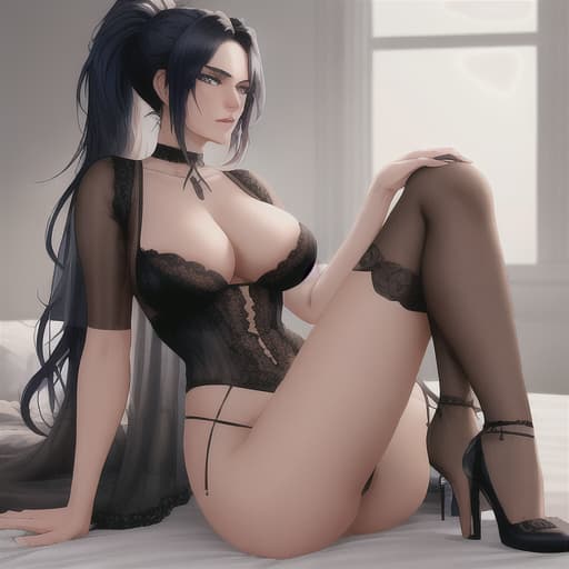  Male Latina, ((age 20-30)), with Black hair, Seductive, Hair Style: Pony Tail, Blue Eyes, Housemaid, In Bedroom, Wearing Lingerie, With Neck Choker, Tall ((adult)), fox, ((full body)), (((nsfw))), (((hdr, masterpiece, highest resolution, best quality, beautiful, raw image))), (((extremely detailed, rendered))), hyperrealistic, full body, detailed clothing, highly detailed, cinematic lighting, stunningly beautiful, intricate, sharp focus, f/1. 8, 85mm, (centered image composition), (professionally color graded), ((bright soft diffused light)), volumetric fog, trending on instagram, trending on tumblr, HDR 4K, 8K