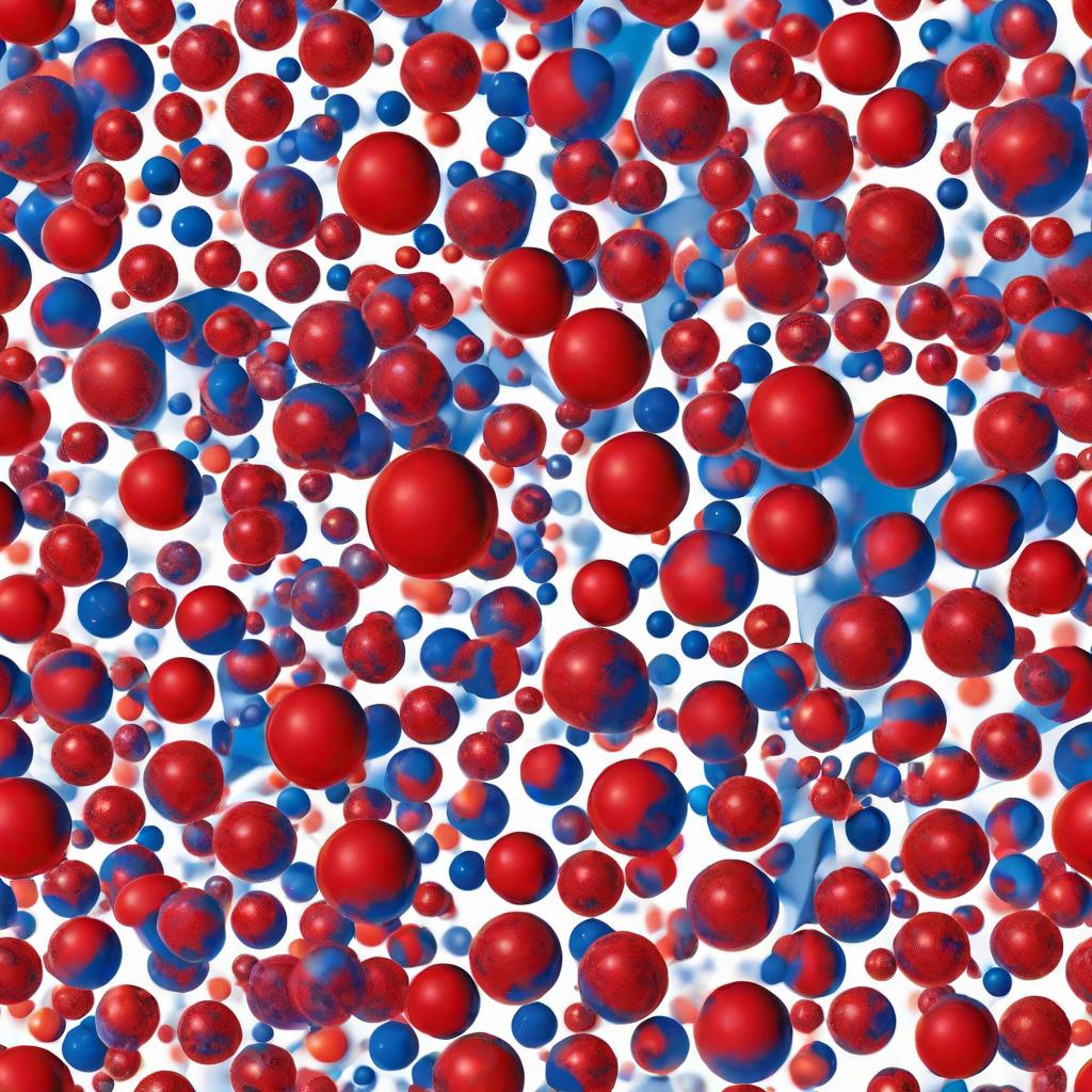  Masterpiece, best quality, ten spheres of the same size in three-dimensional space, arranged in the form of nuclei and electrons, the color of the central sphere is red, the color of the peripheral spheres is blue, the distance between each blue sphere and the red sphere is 1, and each blue sphere is on a transparent ring centered on the red sphere, the width of the ring does not exceed 0.1