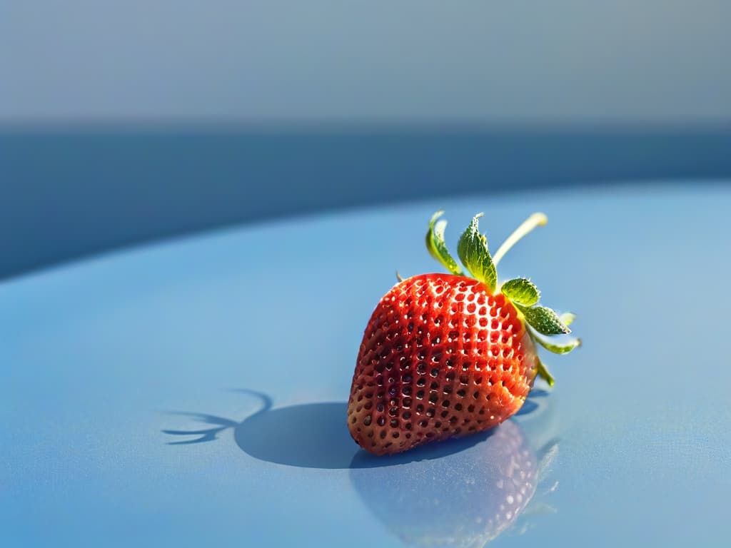  A closeup, ultradetailed image of a single ripe strawberry being transformed into a crispy liofilized strawberry slice, showcasing the intricate texture and vibrant color contrasts. The light captures every tiny water molecule evaporating during the process, emphasizing the scientific and innovative technique of freezedrying in culinary art. hyperrealistic, full body, detailed clothing, highly detailed, cinematic lighting, stunningly beautiful, intricate, sharp focus, f/1. 8, 85mm, (centered image composition), (professionally color graded), ((bright soft diffused light)), volumetric fog, trending on instagram, trending on tumblr, HDR 4K, 8K