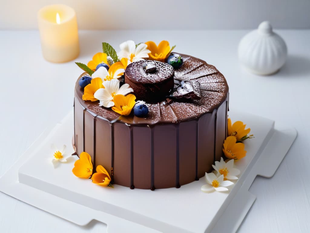  A highresolution, minimalist image of a decadent chocolate cake drizzled with golden sirope de yacón, elegantly placed on a sleek, modern white plate. The cake is adorned with delicate edible flowers, adding a touch of sophistication to the dessert. The focus is on the glossy texture of the sirope de yacón cascading down the sides of the cake, creating a visually appealing contrast against the rich chocolate layers. The background is softly blurred to keep the attention on the exquisite dessert, embodying the essence of creative variations in recipes with sirope de yacón. hyperrealistic, full body, detailed clothing, highly detailed, cinematic lighting, stunningly beautiful, intricate, sharp focus, f/1. 8, 85mm, (centered image composition), (professionally color graded), ((bright soft diffused light)), volumetric fog, trending on instagram, trending on tumblr, HDR 4K, 8K