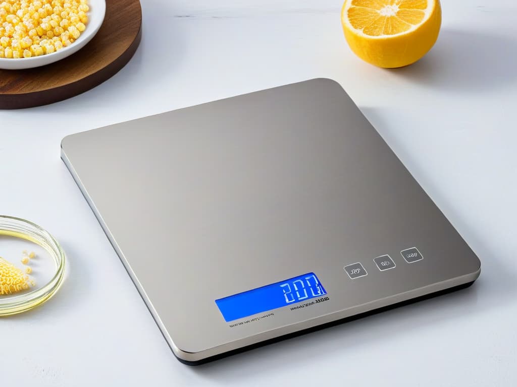  A sleek and modern digital kitchen scale, featuring a large, easytoread LED display with precise measurements down to the gram. The scale is made of stainless steel with touchsensitive buttons, adding a touch of elegance to any kitchen countertop. The background is a soft, neutral color to enhance the minimalistic look and keep the focus on the precision and sophistication of the kitchen scale. hyperrealistic, full body, detailed clothing, highly detailed, cinematic lighting, stunningly beautiful, intricate, sharp focus, f/1. 8, 85mm, (centered image composition), (professionally color graded), ((bright soft diffused light)), volumetric fog, trending on instagram, trending on tumblr, HDR 4K, 8K