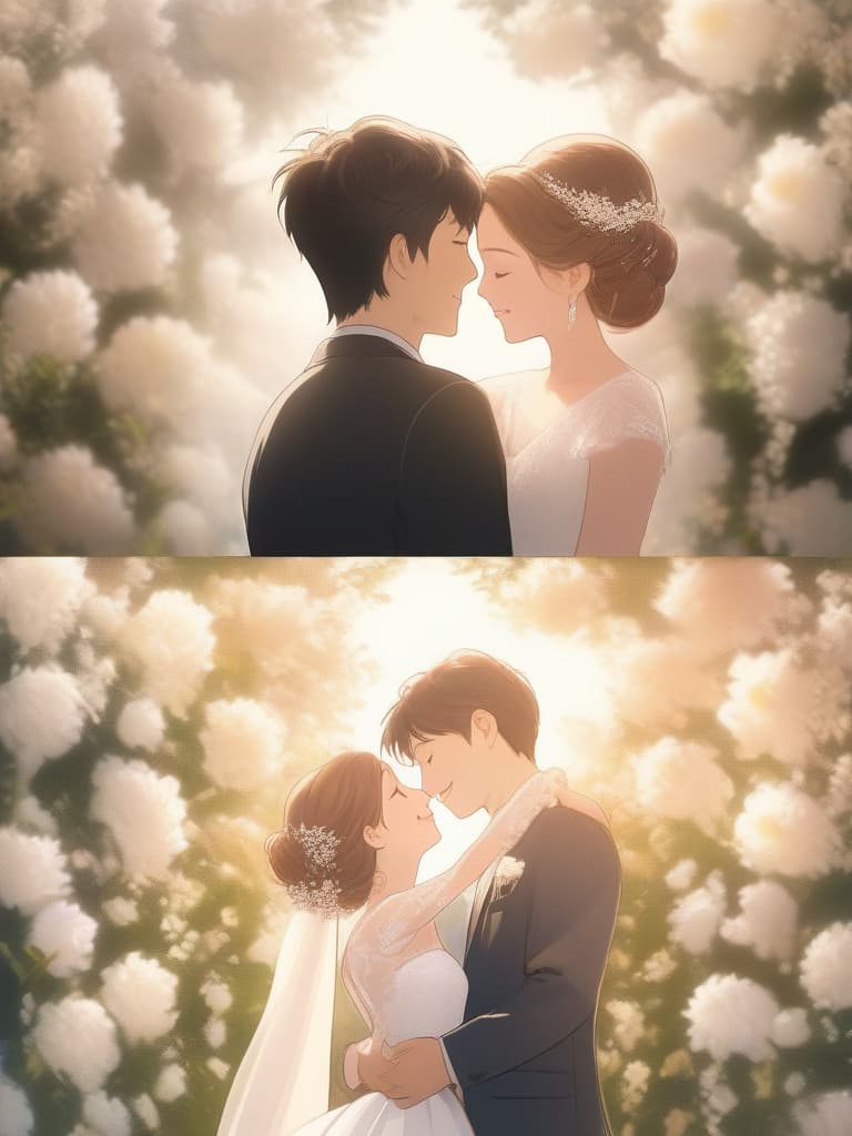  (((masterpiece))),lovers,wedding,(((best man and woman couple:groomsmen and bridesmaids))),best smile,(((beautiful face))),(man delicate cocoa hair color),woman delicate blonde hair,(eyes closed 1/4),鼻と鼻でキス,((nose to nose)),white roses,white lilies,natural light,gentle tones,happy photo,anatomically accurate,high quality,8K, masterpiece, best quality,8k,ultra detailed,high resolution,an extremely delicate and beautiful,hyper detail