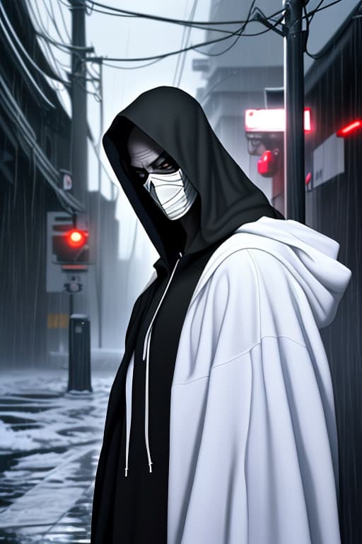  A-TaC , Josh, Epitomistic, Doormentor, The Catentions, He’s Tall all black hoodie up all white mask on face kind of like Jason, standing under street pole in the dark while heavily raining, spotting his enemy , kind of like grim reaper, god of darkness and winter