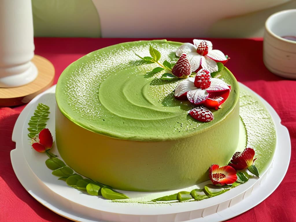  An ultradetailed, 8k resolution image of a delicate, intricately designed vegan matcha green tea cake topped with edible flowers and surrounded by elegant Japanese ceramic tableware. The cake is beautifully garnished with fresh raspberries and a dusting of powdered sugar, showcasing the artistry and precision of Asian vegan pastry making. The pastel green hue of the matcha cake contrasts perfectly with the dark, earthy tones of the ceramic plates, creating a visually stunning and appetizing composition that captures the essence of innovative Asian vegan desserts. hyperrealistic, full body, detailed clothing, highly detailed, cinematic lighting, stunningly beautiful, intricate, sharp focus, f/1. 8, 85mm, (centered image composition), (professionally color graded), ((bright soft diffused light)), volumetric fog, trending on instagram, trending on tumblr, HDR 4K, 8K