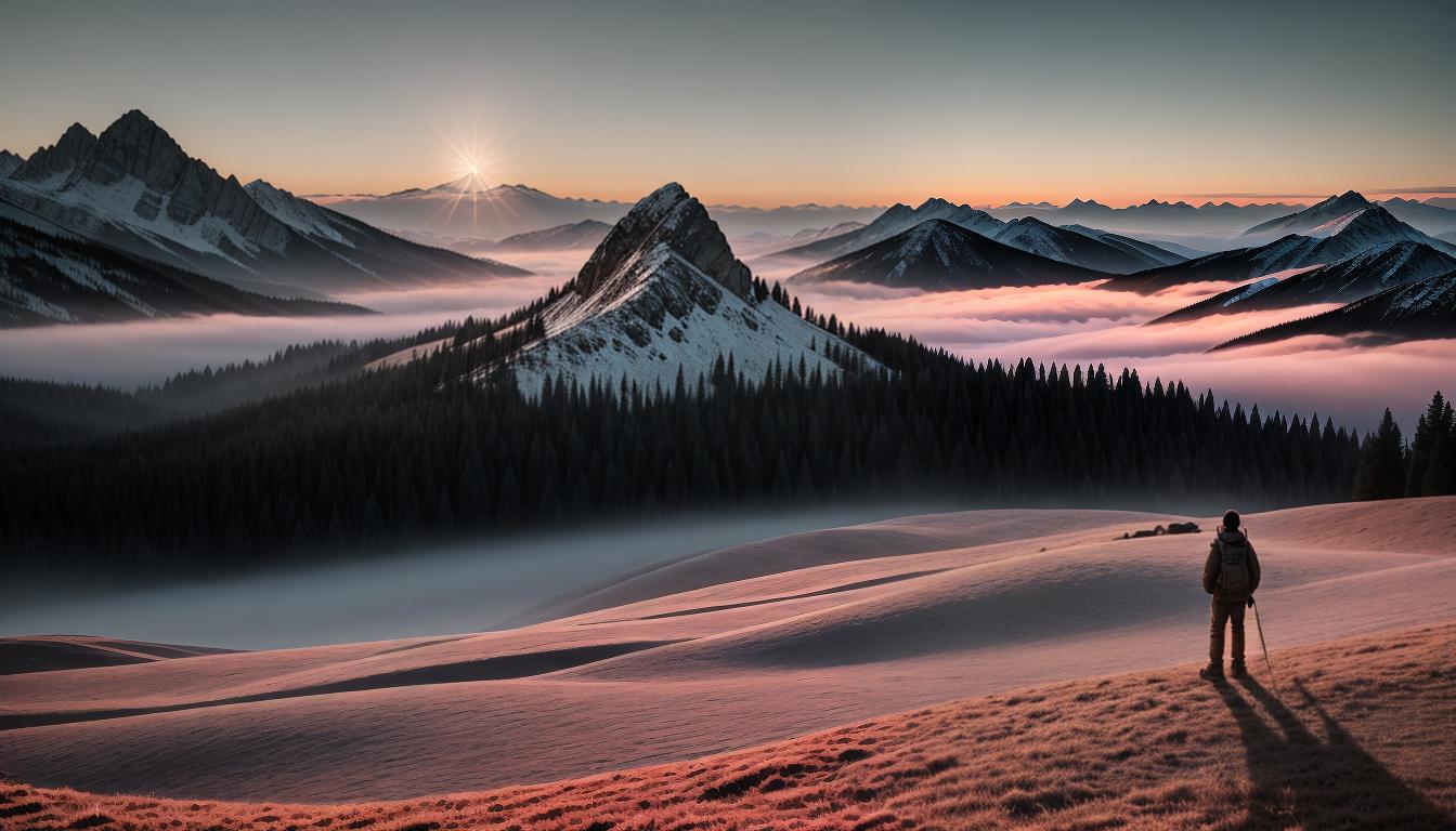  cinematic, aesthetic, Mountain silhouette at dawn, soft pink and orange hues, lone figure standing tall, calm and strength, sense of tranquility, 4k, HDR, lens flare