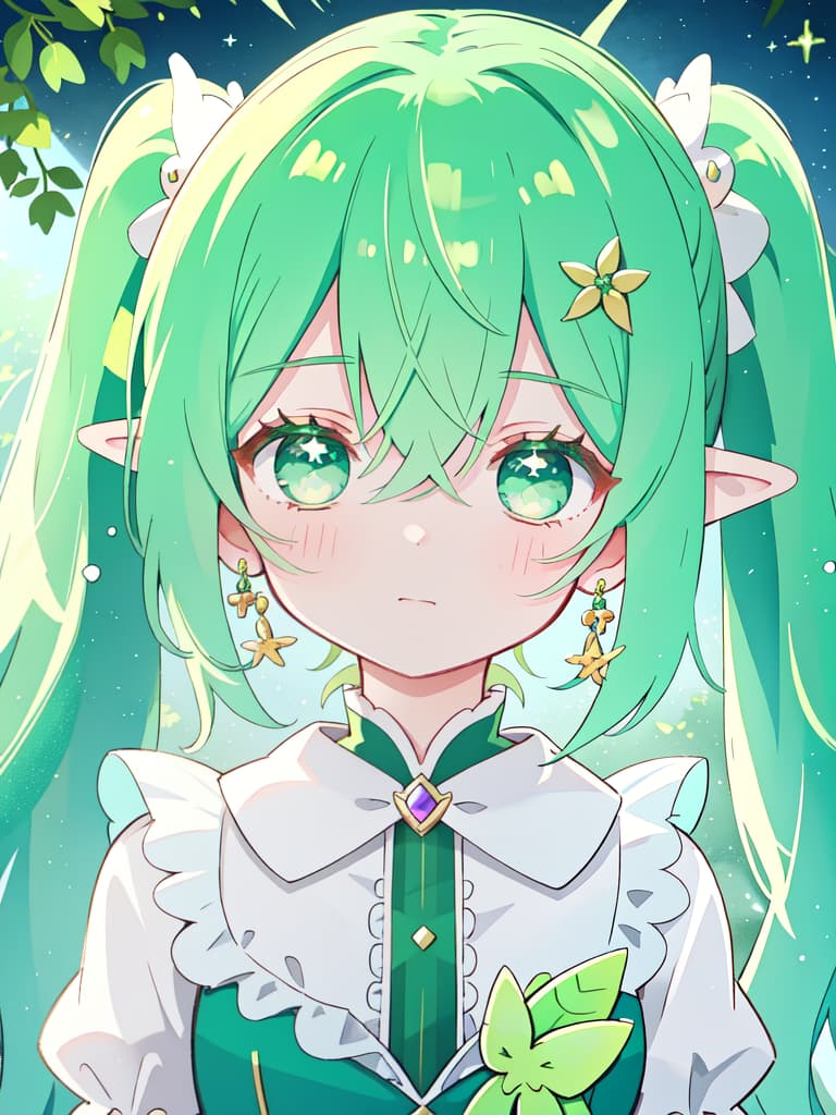  Green hair character's magical girl's appearance of a magical girl, twin tails on the elf ear, masterpiece, best quality,8k,ultra detailed,high resolution,an extremely delicate and beautiful,hyper detail