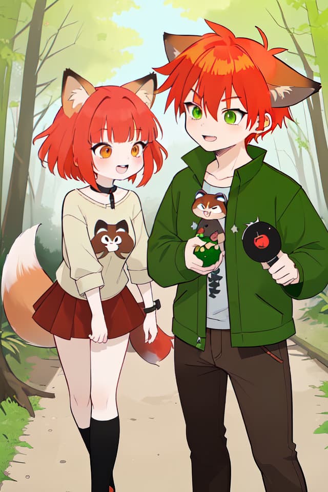  A red haired character with a fox ear and a green hair character with an ear of a raccoon, I'm laughing at each other.