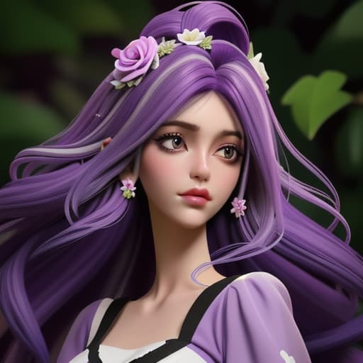  garota de cabelos cacheados roxo preto e branco longos com vestido branco e roxo na floresta com rosas brancas e roxo