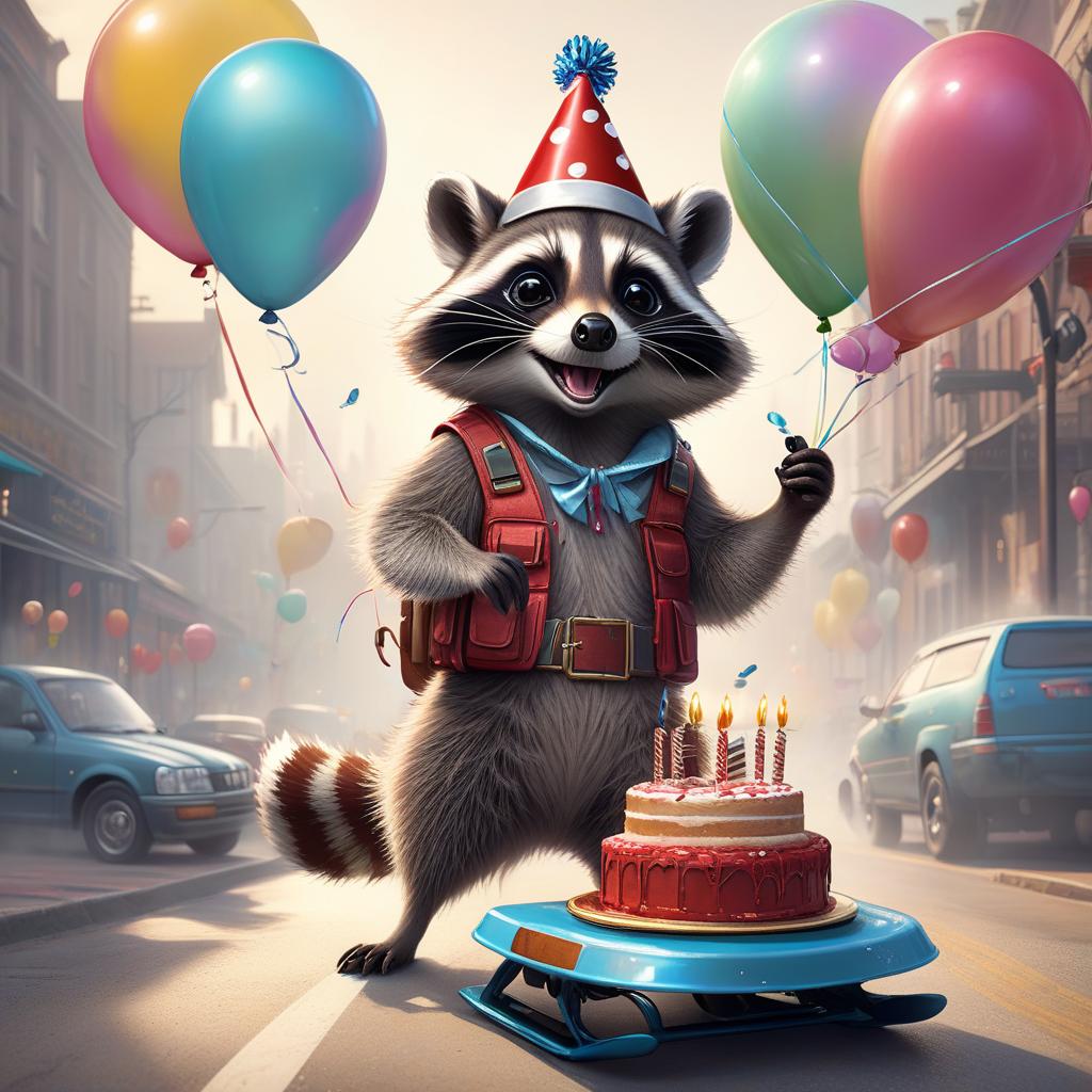  concept art A raccoon in a festive hat "Happy Birthday", a raccoon holds a birthday cake on one front paw, a raccoon holds a bumper from a car in the second paw, a raccoon stands on a wakeboard with its hind paws, dissecting waves, festive balloons are attached to the belt . digital artwork, illustrative, painterly, matte painting, highly detailed hyperrealistic, full body, detailed clothing, highly detailed, cinematic lighting, stunningly beautiful, intricate, sharp focus, f/1. 8, 85mm, (centered image composition), (professionally color graded), ((bright soft diffused light)), volumetric fog, trending on instagram, trending on tumblr, HDR 4K, 8K