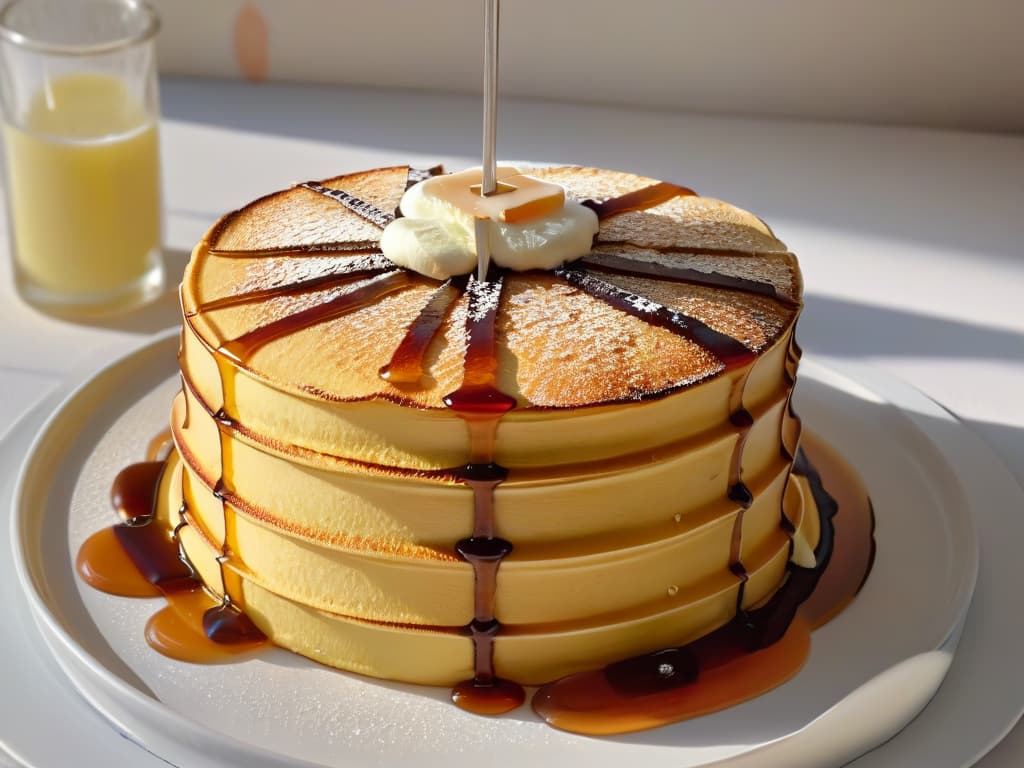  A closeup, ultradetailed image of a stack of fluffy Canadian pancakes dripping with rich, ambercolored maple syrup, with a pat of melting butter on top. The pancakes are perfectly golden brown, showcasing a glistening surface that reflects the light in a captivating way. The syrup cascades down the sides of the pancakes, creating a mouthwatering scene that highlights the beauty of Canadian culinary tradition and the allure of iconic Canadian desserts. hyperrealistic, full body, detailed clothing, highly detailed, cinematic lighting, stunningly beautiful, intricate, sharp focus, f/1. 8, 85mm, (centered image composition), (professionally color graded), ((bright soft diffused light)), volumetric fog, trending on instagram, trending on tumblr, HDR 4K, 8K