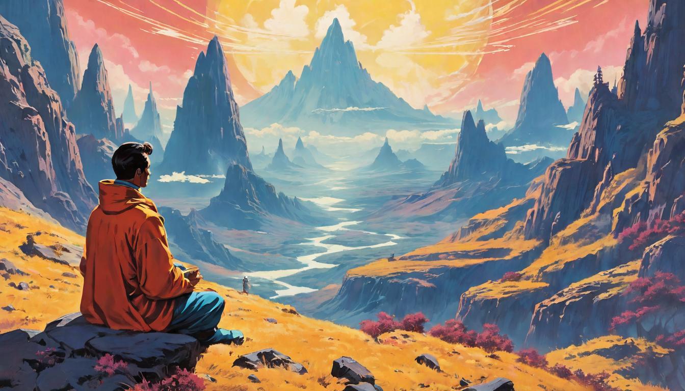  retro futuristic A person meditating on a mountainside, expansive sky, infinite horizons, tapping into potential, calm and introspective lvintage sci fi, 50s and 60s style, atomic age, vibrant, highly detailed