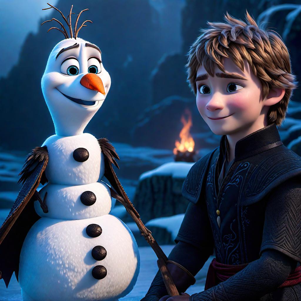  /hiresai Realistic Olaf from Frozen. he is standing next to Toothless from How to Train your Dragon hyperrealistic, full body, detailed clothing, highly detailed, cinematic lighting, stunningly beautiful, intricate, sharp focus, f/1. 8, 85mm, (centered image composition), (professionally color graded), ((bright soft diffused light)), volumetric fog, trending on instagram, trending on tumblr, HDR 4K, 8K