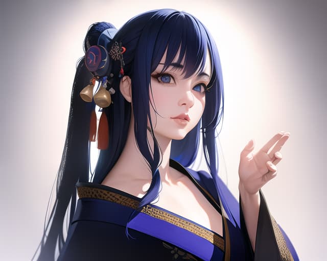  With blue hair, long hair, kimono, dark personality, ribbon, (Masterpiece, BestQuality:1.3), (ultra detailed:1.2), (hyperrealistic:1.3), (RAW photo:1.2),High detail RAW color photo, professional photograph, (Photorealistic:1.4), (realistic:1.4), ,professional lighting, (japanese), beautiful face, (realistic face)