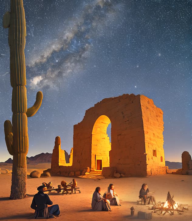  An ancient building in the starry night of the desert and people sitting around the fire