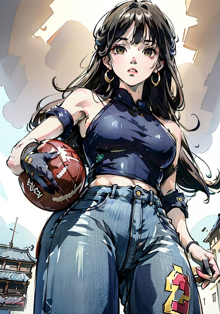  ((Wearing a swimsuit while playing football. Wearing jeans.)),(shuimobysim,wuchangshuo,bonian,zhenbanqiao,badashanren), beautiful, high quality,masterpiece,extremely detailed,high res,4k,ultra high res,detailed shadow,ultra realistic,dramatic lighting,bright light
