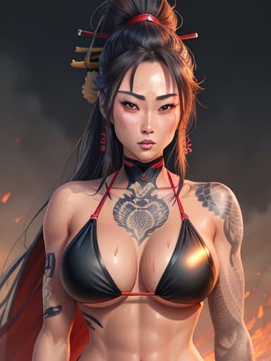  Female samurai , hot , in bikini , tattooed, sweating very much, cute face, long hair, beautiful body and eyes, giving sexy pose, masterpieces, top quality, best quality, official art, beautiful and aesthetic, realistic, 4K, 8K
