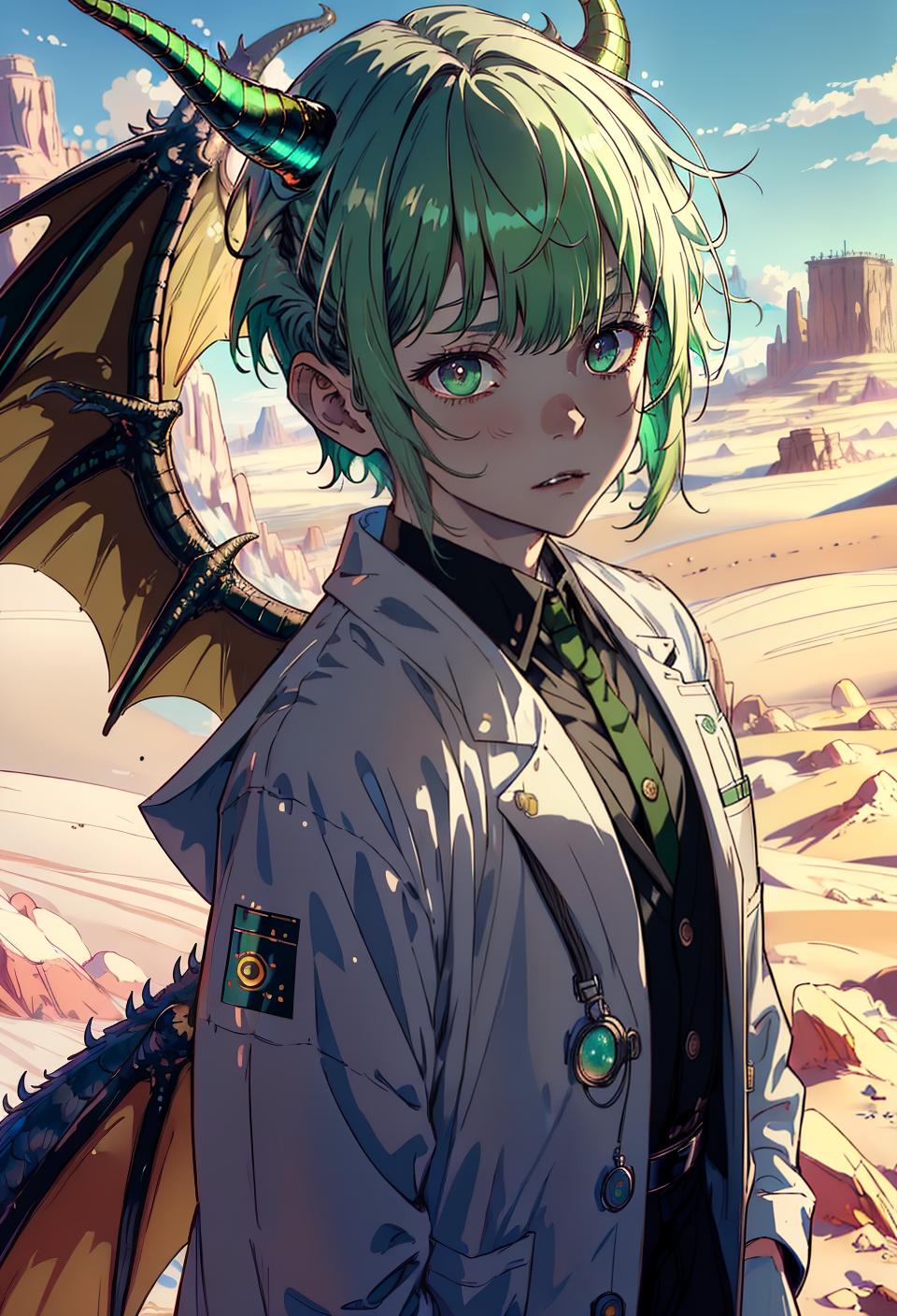  ((trending, highres, masterpiece, cinematic shot)), 1boy, young, male lab coat, desert scene, short straight green hair, asymmetrical bangs, narrow dark eyes, needy personality, relaxed expression, dragon horns, dragon wings, very pale skin, lively, clever