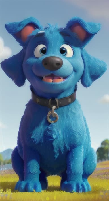  {A happy, big blue dog wagging its tail in a colorful meadow, The big blue dog is large with sky blue fur, big round eyes, a black nose, and floppy ears.