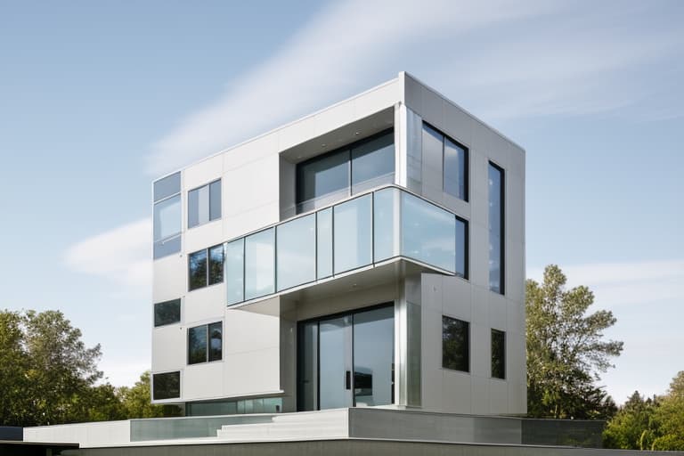  In this stunning street view, a sleek and contemporary house with aluminum doors in a modern architectural style comes into focus. The exterior boasts a sophisticated color palette of pristine white and deep gray tones, creating a striking contrast against the bright blue sky. The sun's rays illuminate the scene, casting a warm and inviting glow on the facade, while the reflections of the surrounding foliage dance on the glass surfaces. The intricate details of the aluminum doors, from the clean lines to the smooth handles, are rendered with exceptional clarity, showcasing the beauty and functionality of this architectural masterpiece.