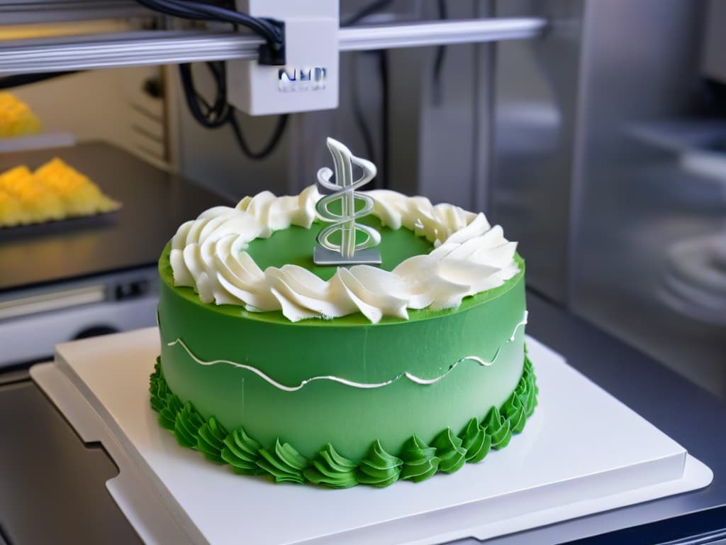  A sleek, minimalistic image featuring a sophisticated 3D printer in a modern bakery setting, with intricate sugar sculptures and detailed cake decorations being created with precision. The image showcases the fusion of technology and traditional baking techniques, emphasizing innovation and craftsmanship in the realm of pastry arts. hyperrealistic, full body, detailed clothing, highly detailed, cinematic lighting, stunningly beautiful, intricate, sharp focus, f/1. 8, 85mm, (centered image composition), (professionally color graded), ((bright soft diffused light)), volumetric fog, trending on instagram, trending on tumblr, HDR 4K, 8K