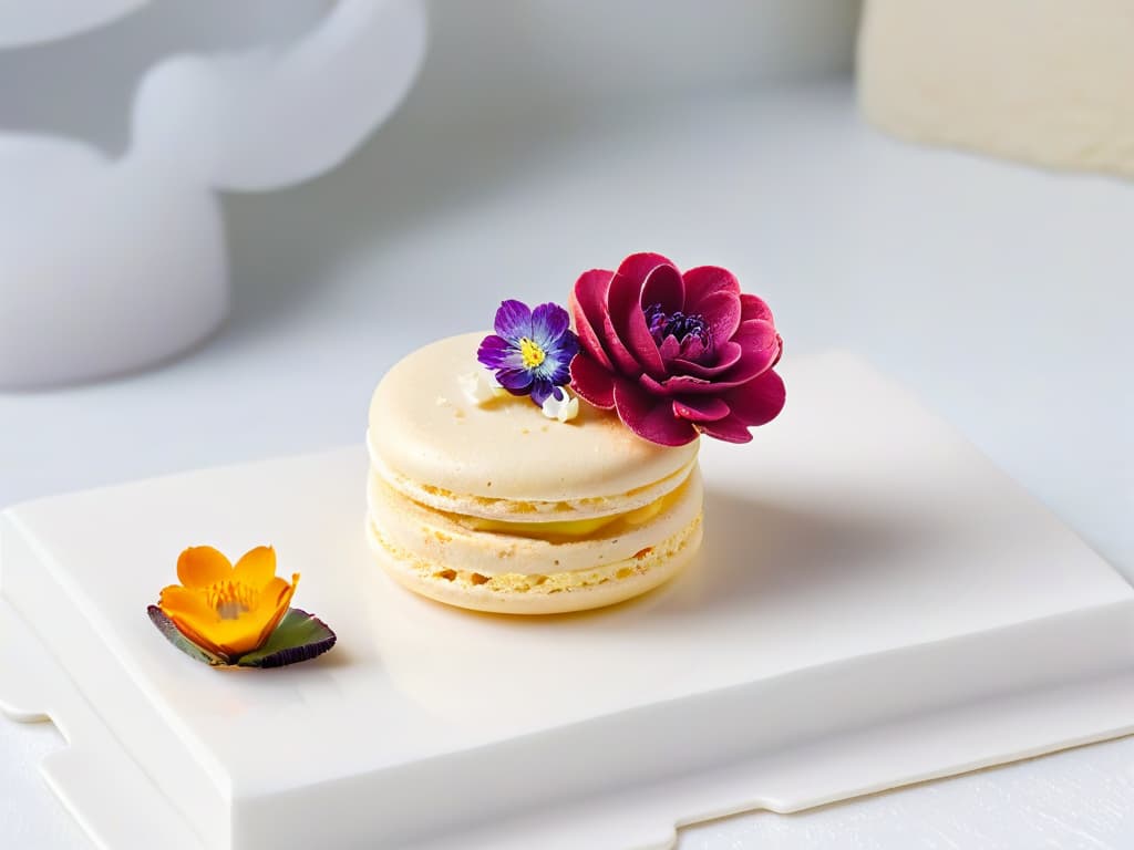  An ultradetailed image of a delicate, pastelcolored macaron topped with a single vibrant edible flower, placed on a sleek, modern white plate. The flower is perfectly positioned towards the corner of the macaron, contrasting beautifully with the soft hues of the dessert. The plate rests on a marble countertop, and the soft natural light filtering through a nearby window casts a gentle shadow, enhancing the minimalist aesthetic of the composition. hyperrealistic, full body, detailed clothing, highly detailed, cinematic lighting, stunningly beautiful, intricate, sharp focus, f/1. 8, 85mm, (centered image composition), (professionally color graded), ((bright soft diffused light)), volumetric fog, trending on instagram, trending on tumblr, HDR 4K, 8K