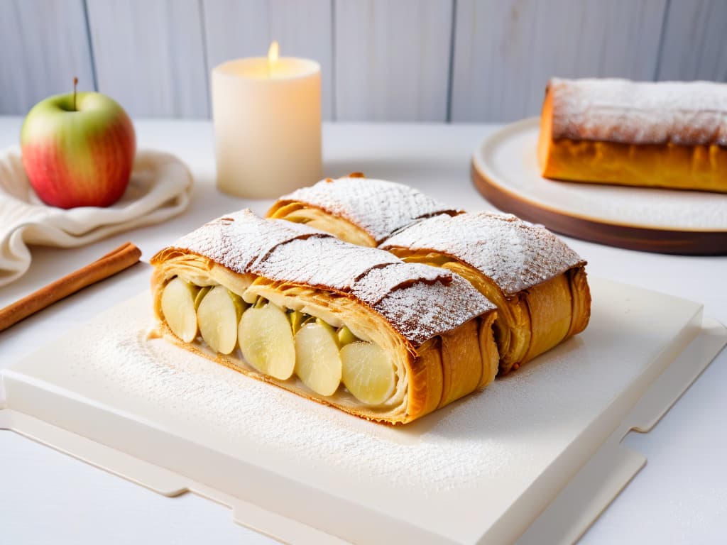  A highresolution, minimalist image of a goldenbrown apple strudel fresh out of the oven, with layers of flaky pastry visible on the edges, topped with a light dusting of powdered sugar. The background is a softfocus kitchen setting with hints of cinnamon sticks and fresh apples in the backdrop, creating a warm and inviting atmosphere. hyperrealistic, full body, detailed clothing, highly detailed, cinematic lighting, stunningly beautiful, intricate, sharp focus, f/1. 8, 85mm, (centered image composition), (professionally color graded), ((bright soft diffused light)), volumetric fog, trending on instagram, trending on tumblr, HDR 4K, 8K