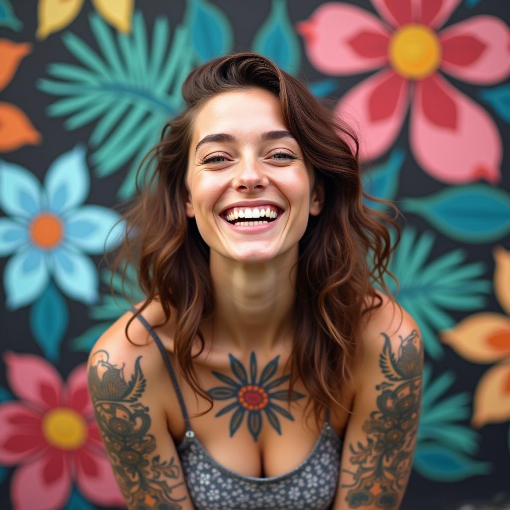  good quality, high quality, a joyful young woman with tattoos smiles brightly in front of a colorful mural featuring floral and abstract designs.