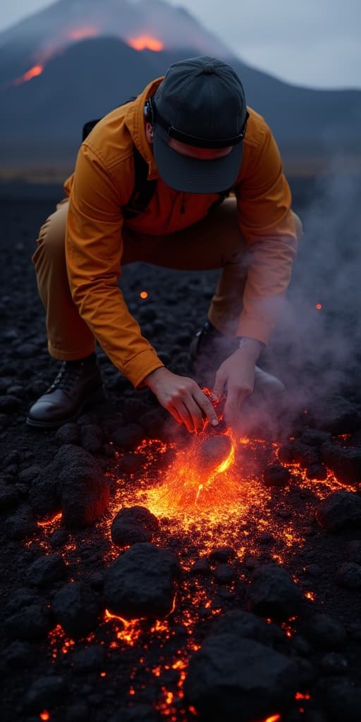  good quality, high quality, volcanologist collecting lava sample during active eruption for geological research analysis. concept volcanology fieldwork, active eruption research, lava sample collection