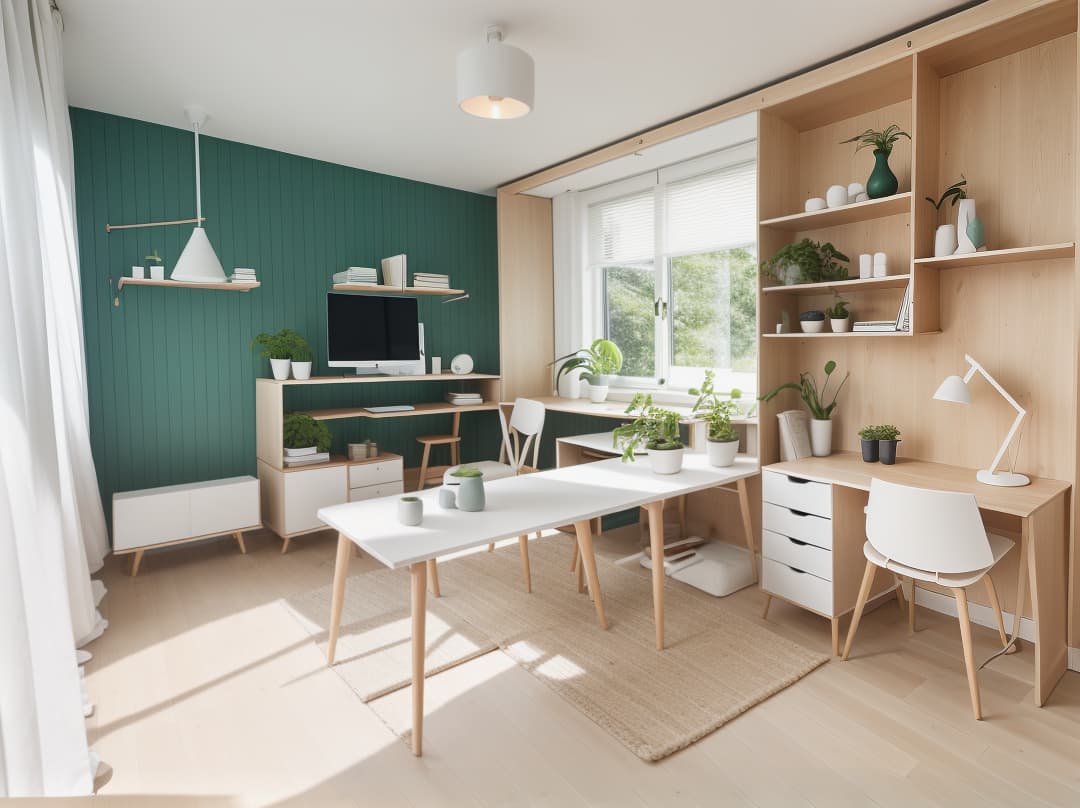  interior design (((scandinavian))) (((desk))),Nordic, functionality, well being, light colors, pastels, light wood, compass feet, green plants, unadorned, ergonomics, comfortable, sleek, understated, elegant, geometric patterns, bleached birch wood, purity, wooden slats, modular storage, white light, dynamic, vases, long haired rugs, cushions, throws, cocooning, chalet.