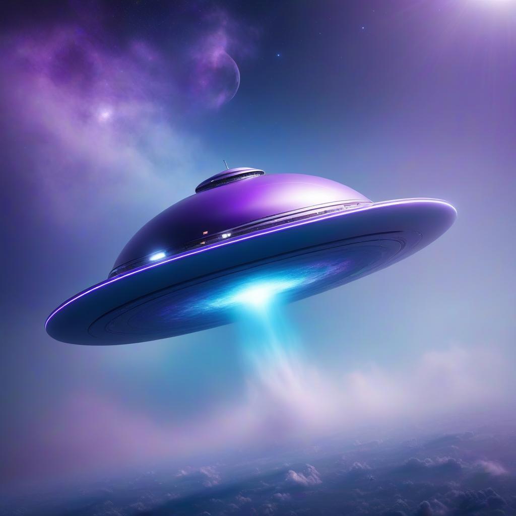  Flying saucer. Space, fantasy. Purple, blue, silver colors. hyperrealistic, full body, detailed clothing, highly detailed, cinematic lighting, stunningly beautiful, intricate, sharp focus, f/1. 8, 85mm, (centered image composition), (professionally color graded), ((bright soft diffused light)), volumetric fog, trending on instagram, trending on tumblr, HDR 4K, 8K