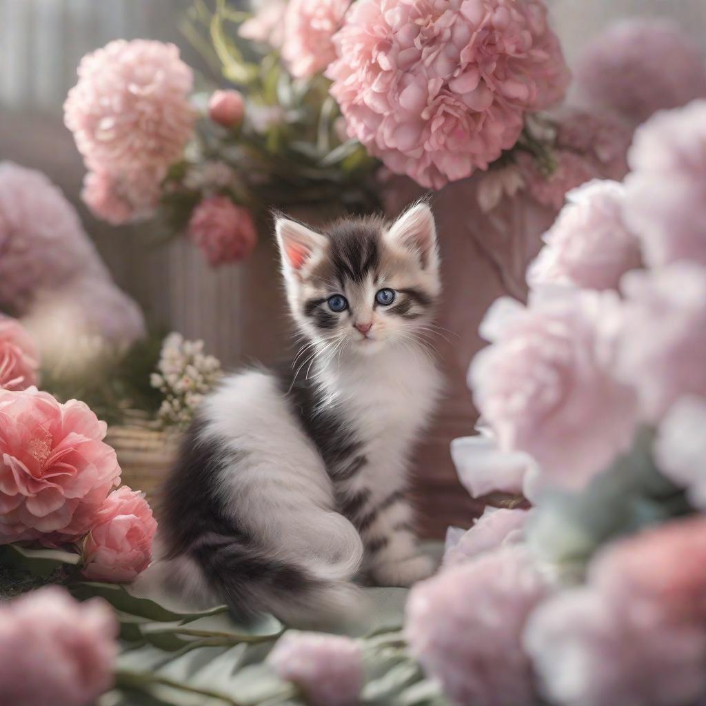  Newborn, kitten, flowers hyperrealistic, full body, detailed clothing, highly detailed, cinematic lighting, stunningly beautiful, intricate, sharp focus, f/1. 8, 85mm, (centered image composition), (professionally color graded), ((bright soft diffused light)), volumetric fog, trending on instagram, trending on tumblr, HDR 4K, 8K