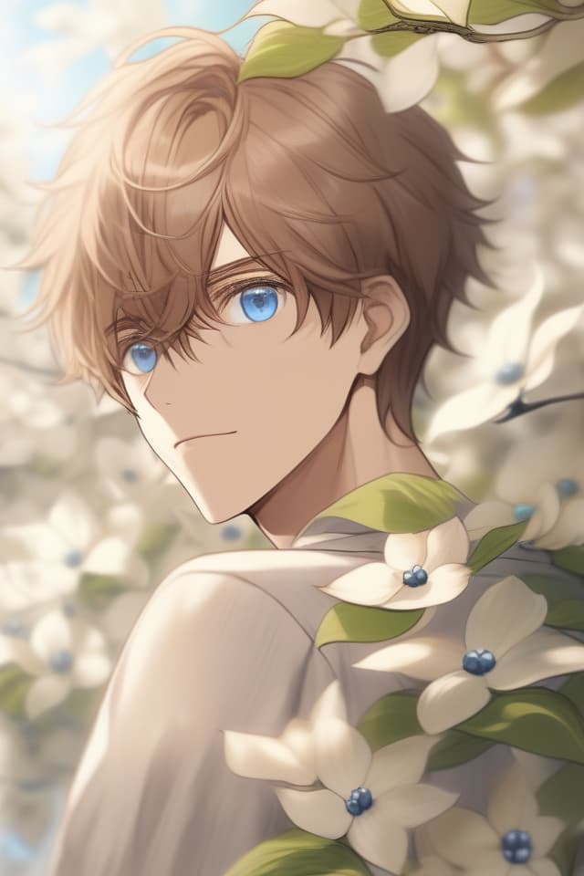  Masterpiece,one man,delicate light brown hair color,delicate blue eye color,looking up,(((dogwood flower))),high definition,8K