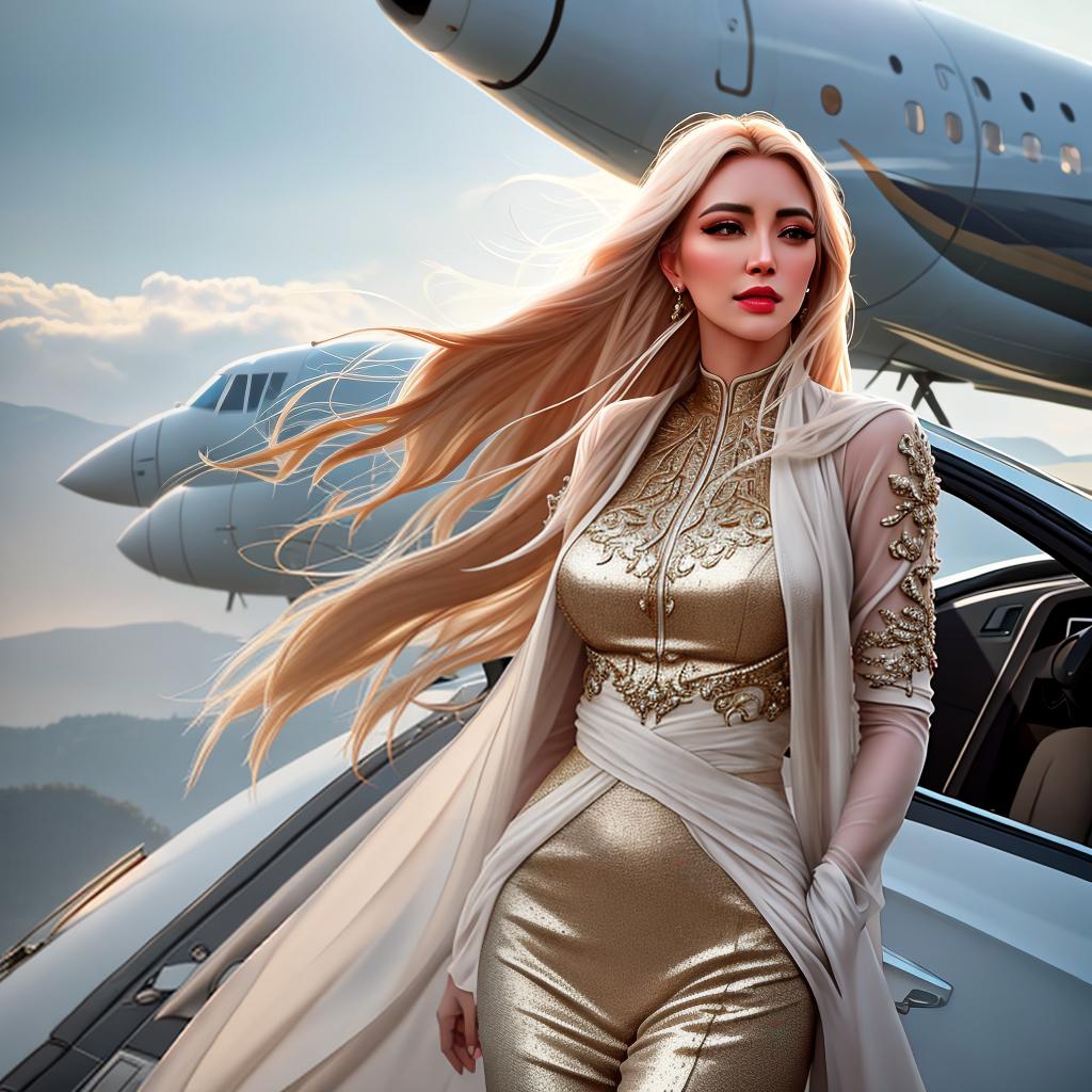  women at the road standing with private jet in the background hyperrealistic, full body, detailed clothing, highly detailed, cinematic lighting, stunningly beautiful, intricate, sharp focus, f/1. 8, 85mm, (centered image composition), (professionally color graded), ((bright soft diffused light)), volumetric fog, trending on instagram, trending on tumblr, HDR 4K, 8K