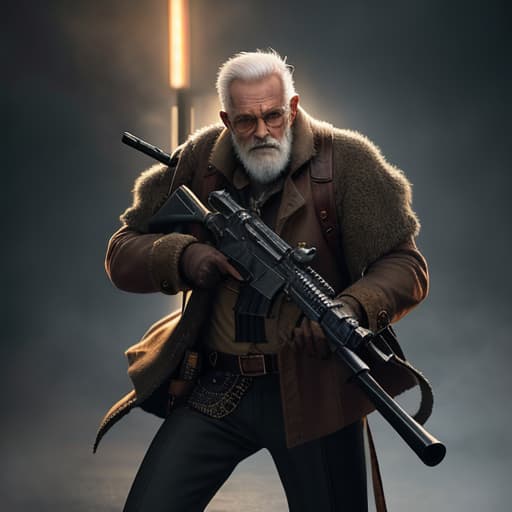  the old man with a gun hyperrealistic, full body, detailed clothing, highly detailed, cinematic lighting, stunningly beautiful, intricate, sharp focus, f/1. 8, 85mm, (centered image composition), (professionally color graded), ((bright soft diffused light)), volumetric fog, trending on instagram, trending on tumblr, HDR 4K, 8K