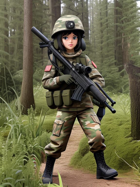  Camouflage clothing military fully equipped commando full body two head rifle shoot girl cute