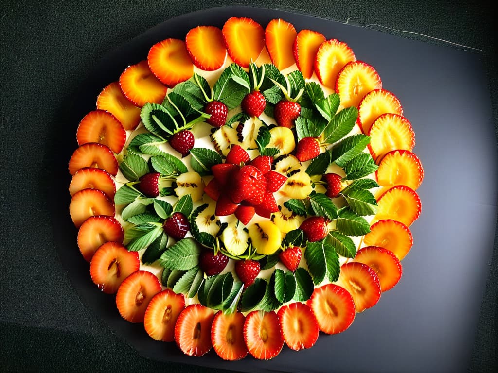  An intricately designed mandala made entirely of vibrant summer fruits such as ripe strawberries, juicy peaches, and golden pineapples, arranged in a circular pattern on a sleek marble tabletop. Each fruit slice is meticulously placed to form a stunning symmetrical design, radiating a sense of celebration and abundance in honor of the summer solstice. The play of light and shadow highlights the natural colors and textures, creating a visually captivating and elegant image that embodies the essence of sweet summer festivities. hyperrealistic, full body, detailed clothing, highly detailed, cinematic lighting, stunningly beautiful, intricate, sharp focus, f/1. 8, 85mm, (centered image composition), (professionally color graded), ((bright soft diffused light)), volumetric fog, trending on instagram, trending on tumblr, HDR 4K, 8K